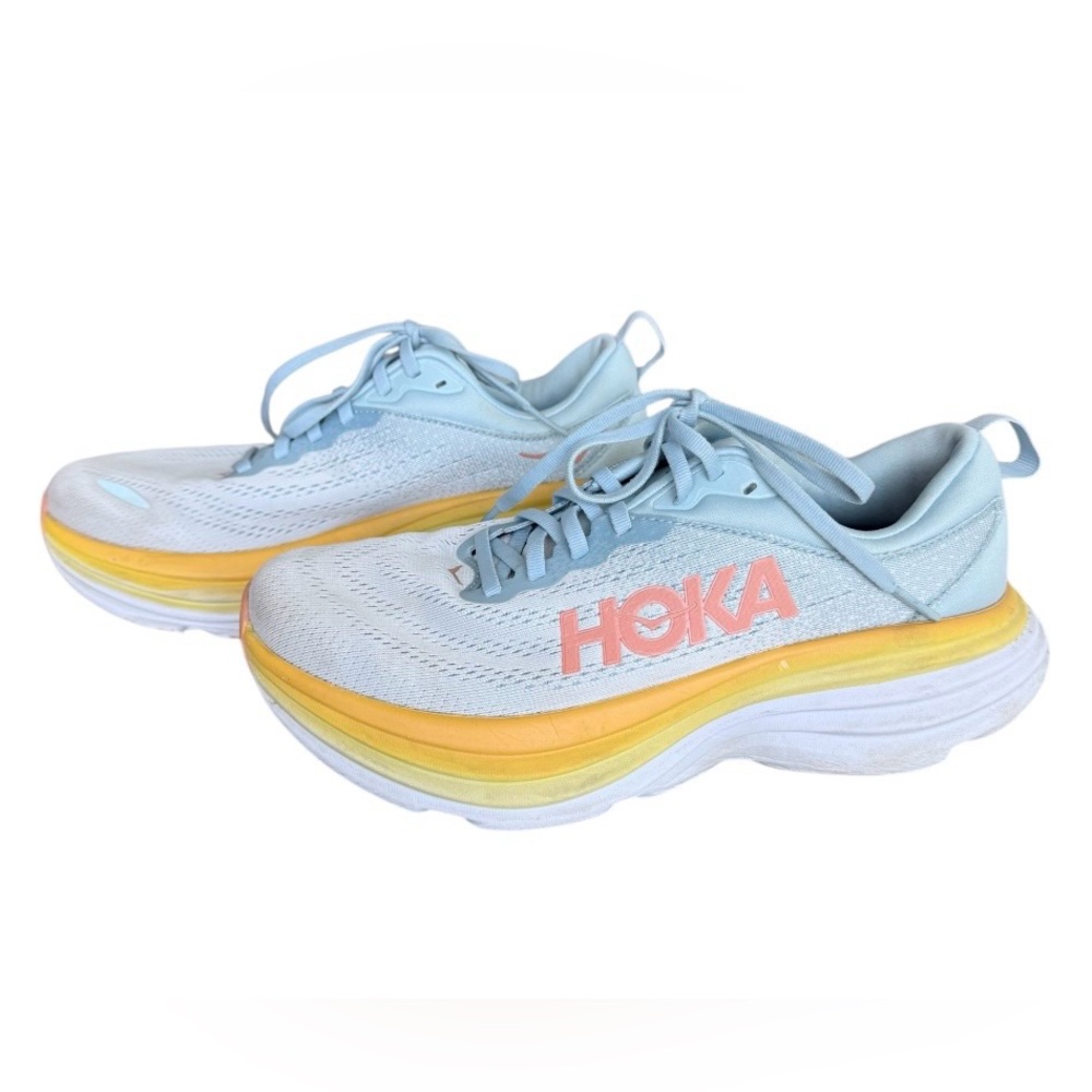 Hoka Bondi 8 women’s 8 lace up blue, orange and yellow running shoes